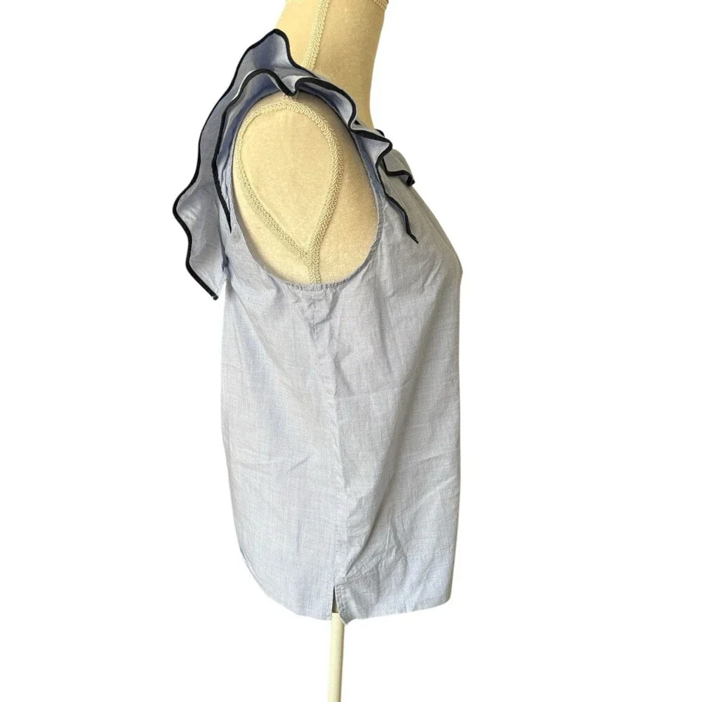 J. Crew Pleated Ruffle Cap Sleeve Top Women's Sz 4 Chambray BlueTrim Square Back